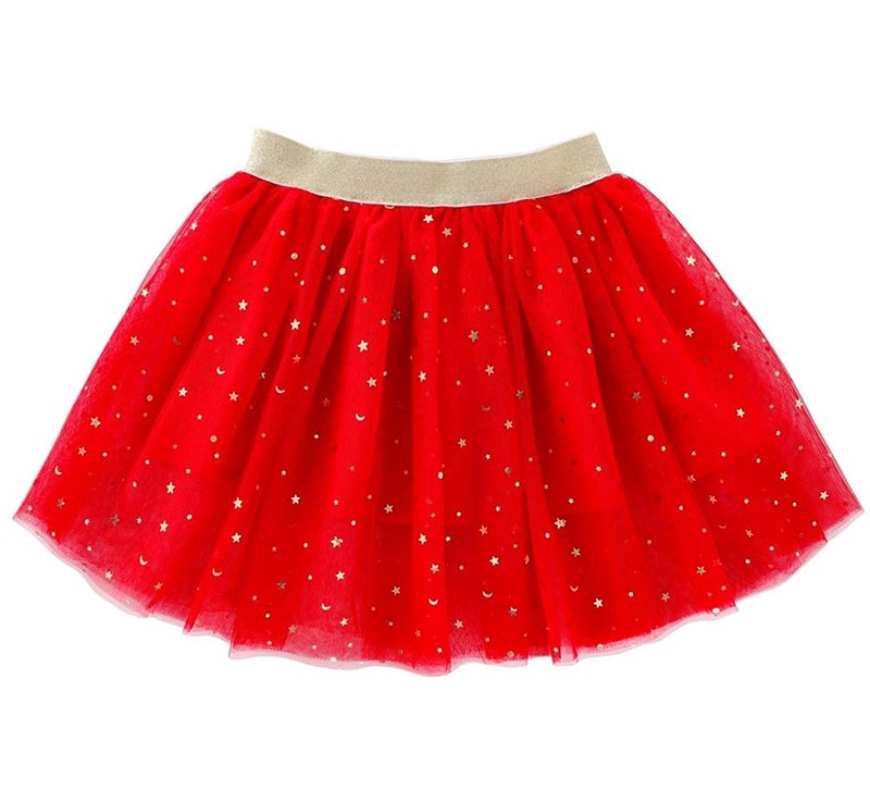 Tortoise & Rabbit Toddlers Girls Sparkle Tulle Tutu Skirt with Sequins Stars Moon Sun (Red, 1-2years) - Image 1